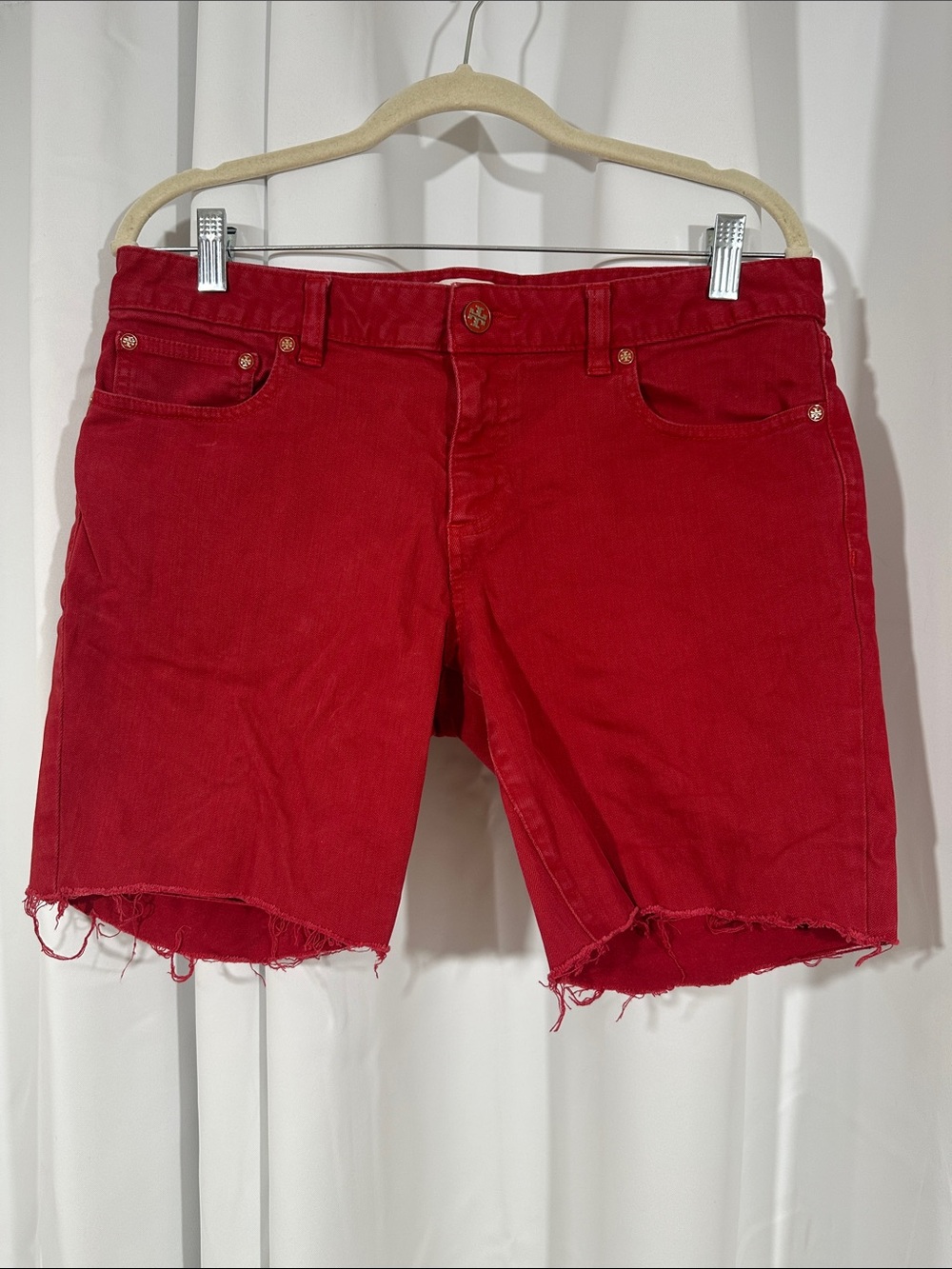 Tory Burch Red Denim Cutoff Shorts Size 31 Upcycled Cropped Skinny Jeans Raw Hem